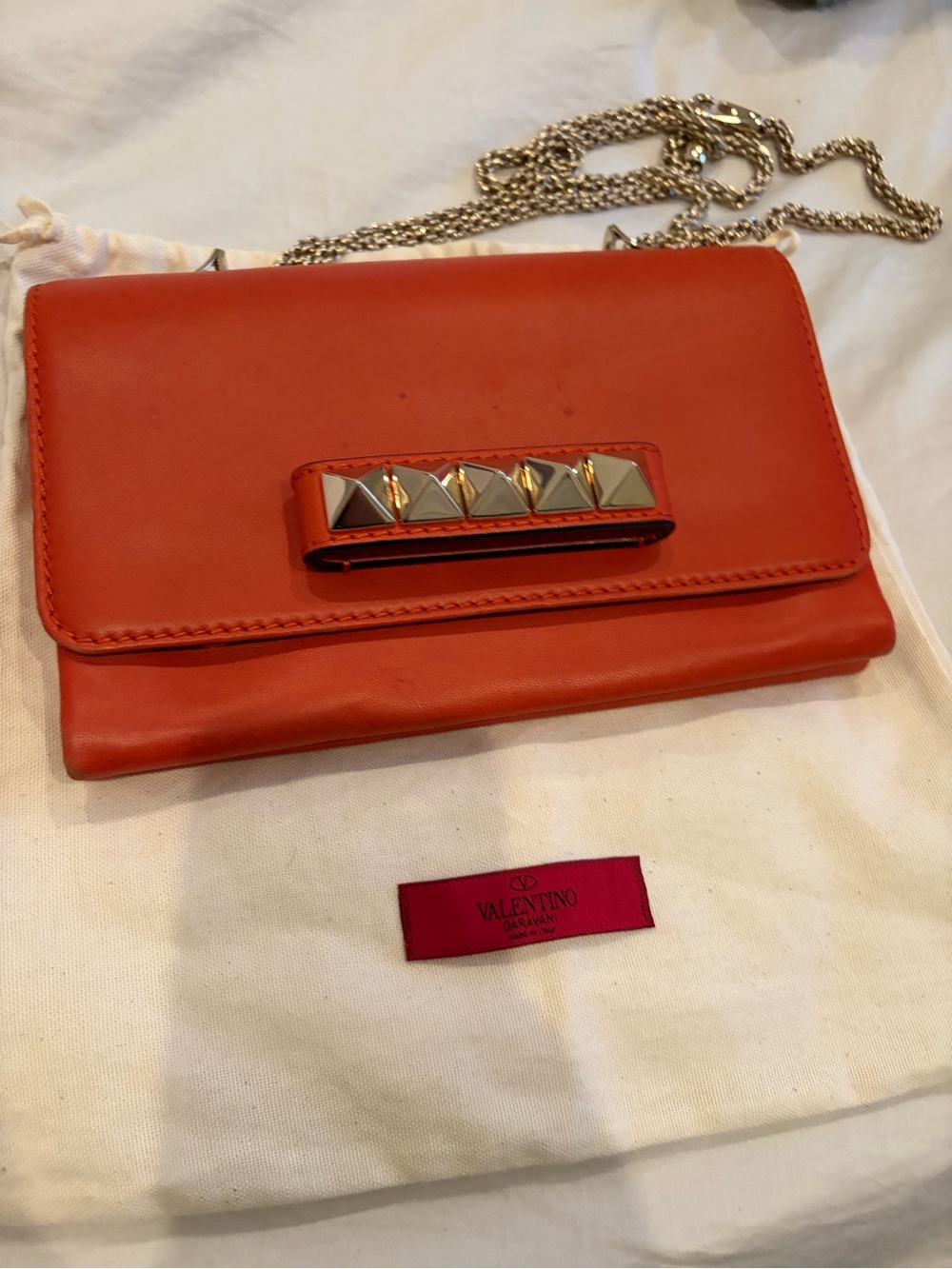 Valentino Orange Leather Crossbody Wallet with Gold Pyramid Studs